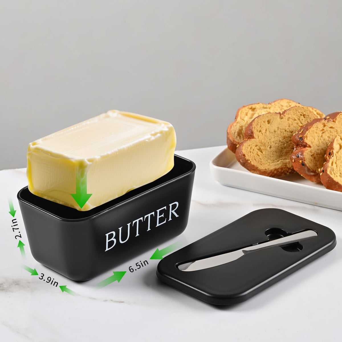 Large Plastic Butter Dish With Lid And Knife,Food Grade PP Butter Holder Keeper With Cover For Kitchen Refrigerator Black Butter Container