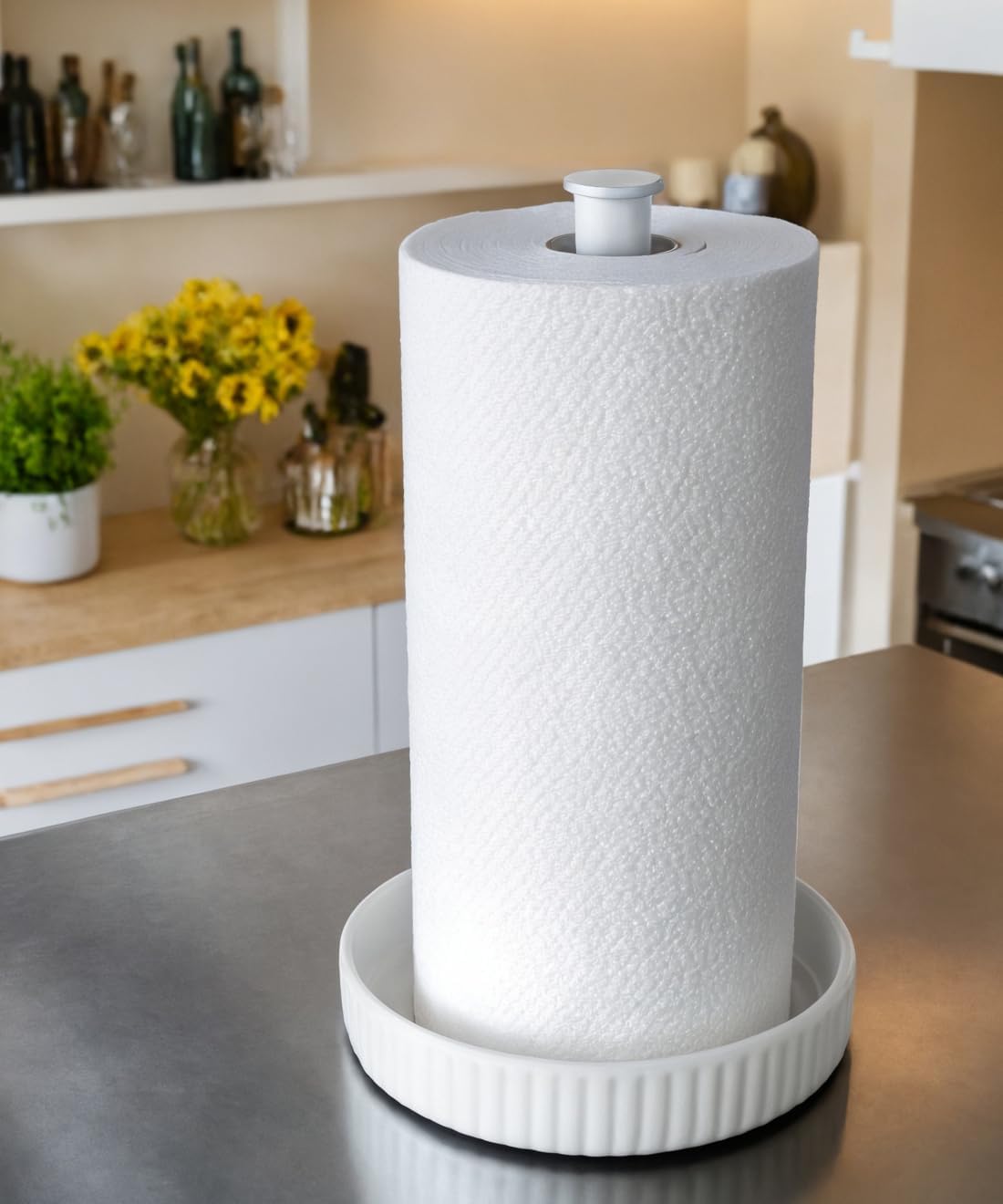 VROOMIUM Paper Towel Holder Countertop, Ceramic Base Easy-to-Clean, 1.5 lbs, 7" B x 12.5" H, Stable Elegant and Durable Kitchen Roll Stand, Chic White