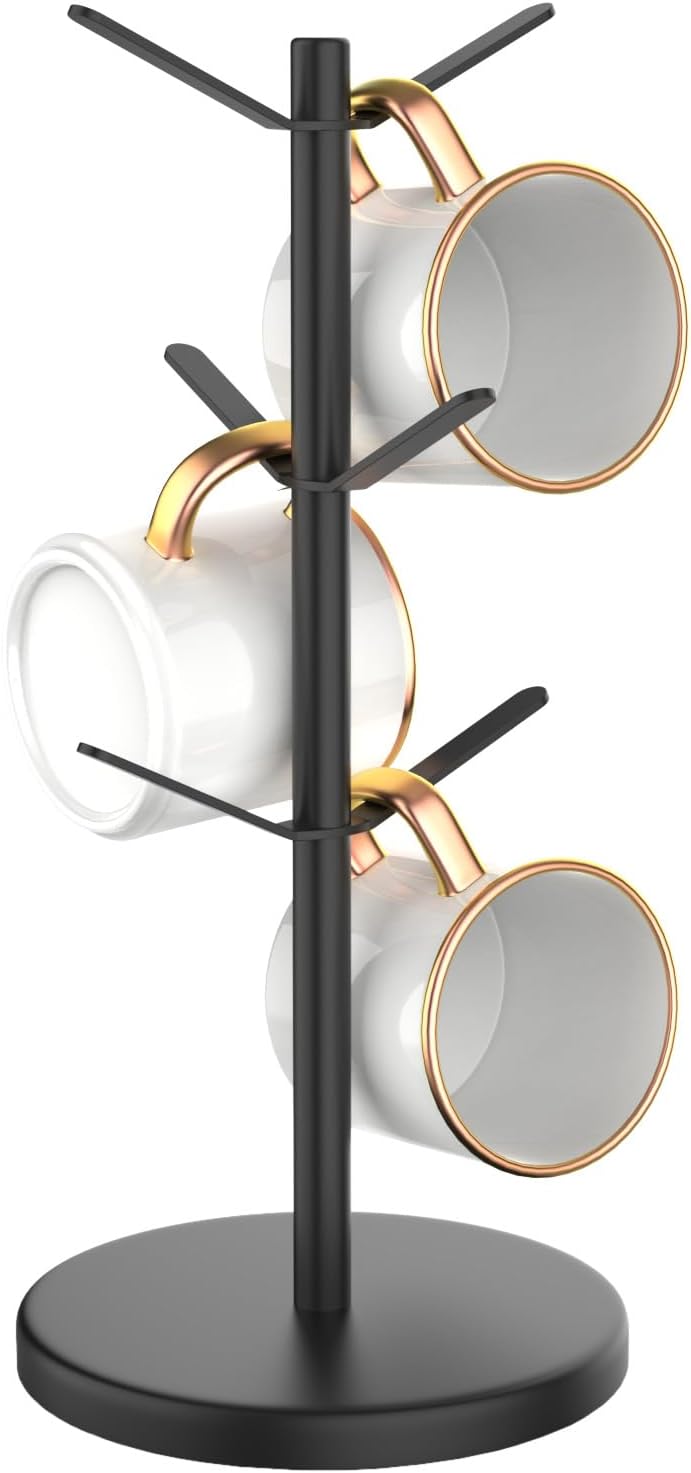 Coffee Mug Tree Holder Countertop, Non-Slip Walnut Wood Mug Rack with 6 Hooks, Coffee Cup Rack for Home Storage and Organizer (Black)