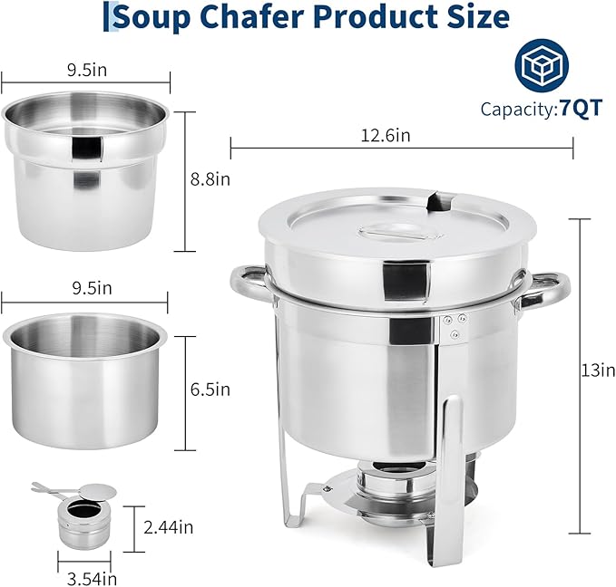 GarveeHome 7QT Soup Chafer Set of 4, Stainless Steel Round Soup Warmer with Pot, Notched Lids & Fuel Holders, Commercial Food Warmer for Buffets, Events and Party Service