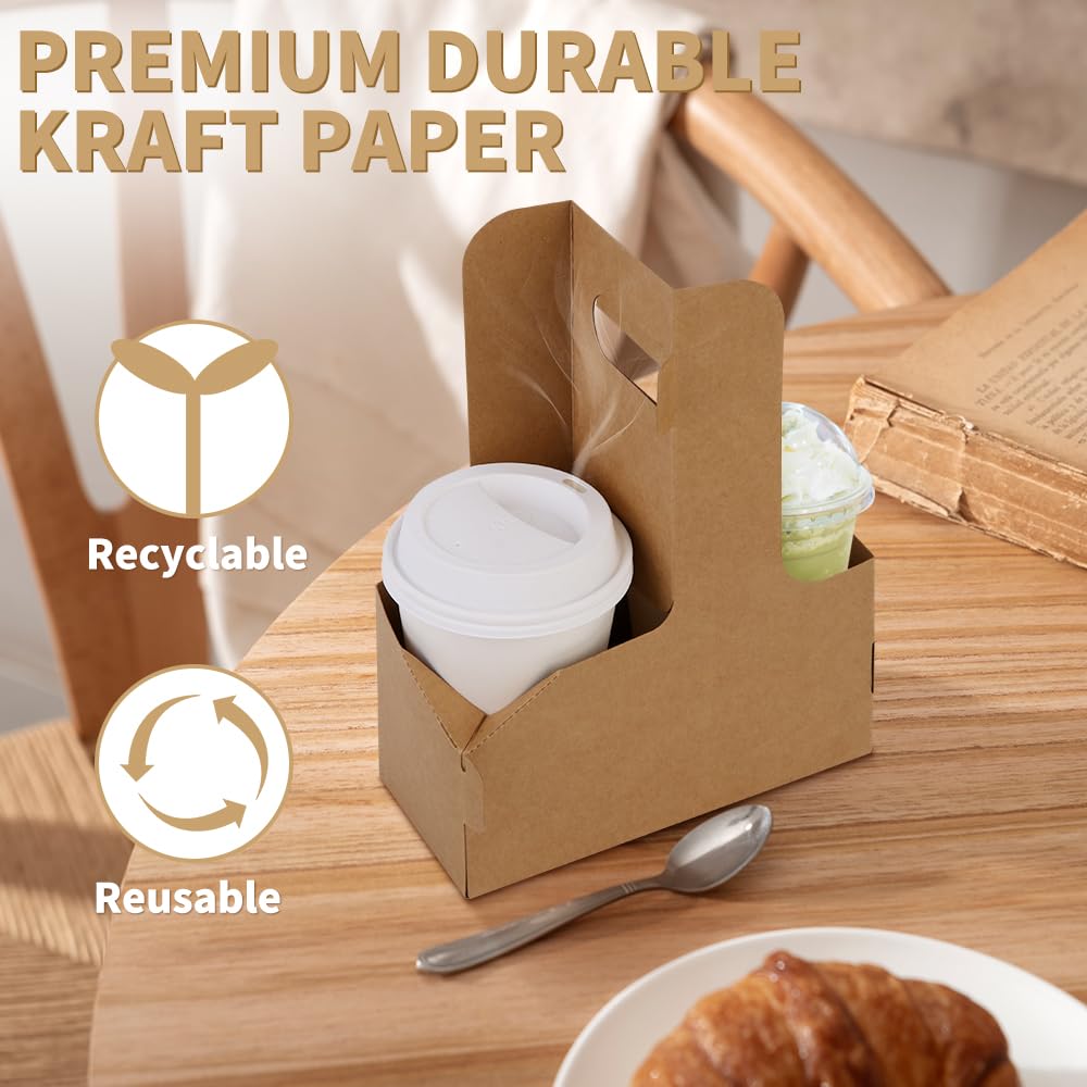 Bodaon 2 Cup Drink Carrier with Handle, 15 Pcs Cardboard Cup Holders, Disposable Drink Carriers for Delivery, Kraft Paper Coffee Cup Holder to Go, Take Out Cup Carriers for Hot/Cold Drinks