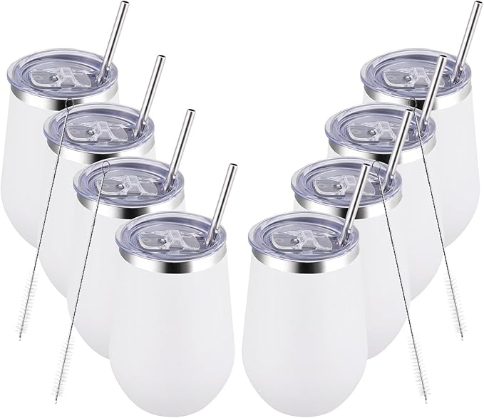 MEWAY Stemless 12oz Insulated Wine Tumbler with Lid and Straw - Double Wall Stainless Steel Thermal Cups, Travel wine glasses, Ideal for Bridal and Baby Shower Game Prizes(White,Set of 8)