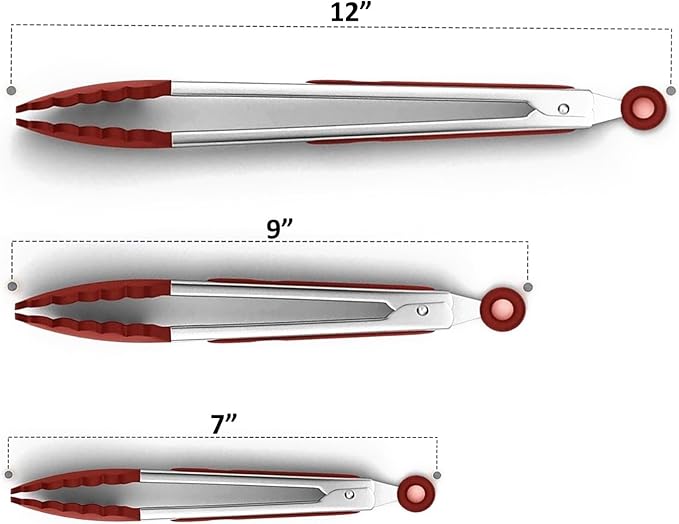 Red Stainless Steel Tongs Heat Resistant Kitchen Tongs Set - 7", 9" & 12" Inch, BBQ Tongs with Silicone Tip, Strong Grip for Cooking, Salad Tossing,Air Fryer, &Grill Tongs- Pull Lock, Red - Set of 3