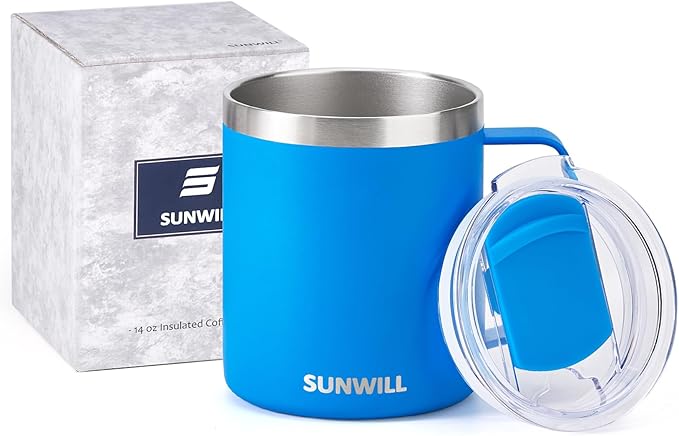 SUNWILL Insulated Coffee Mug with Lid, Travel Tumbler with Handle, 14 oz Stainless Steel Cup for Camping, Office, Home, Powder Coated Royal Blue