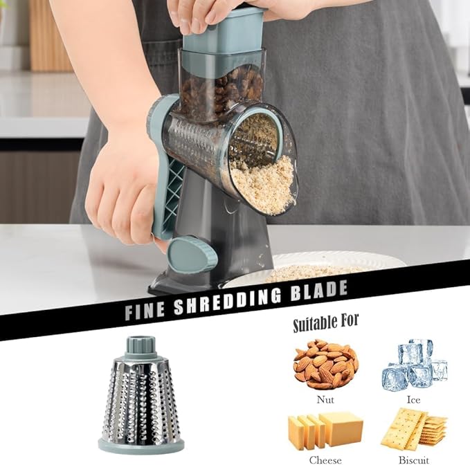 Cheese Grater Vegetable Cheese Shredder Slicer Grater for Kitchen 3 Changeable Blades for Cheese Potato Zucchini Nuts Chocolate (Grey Blue)