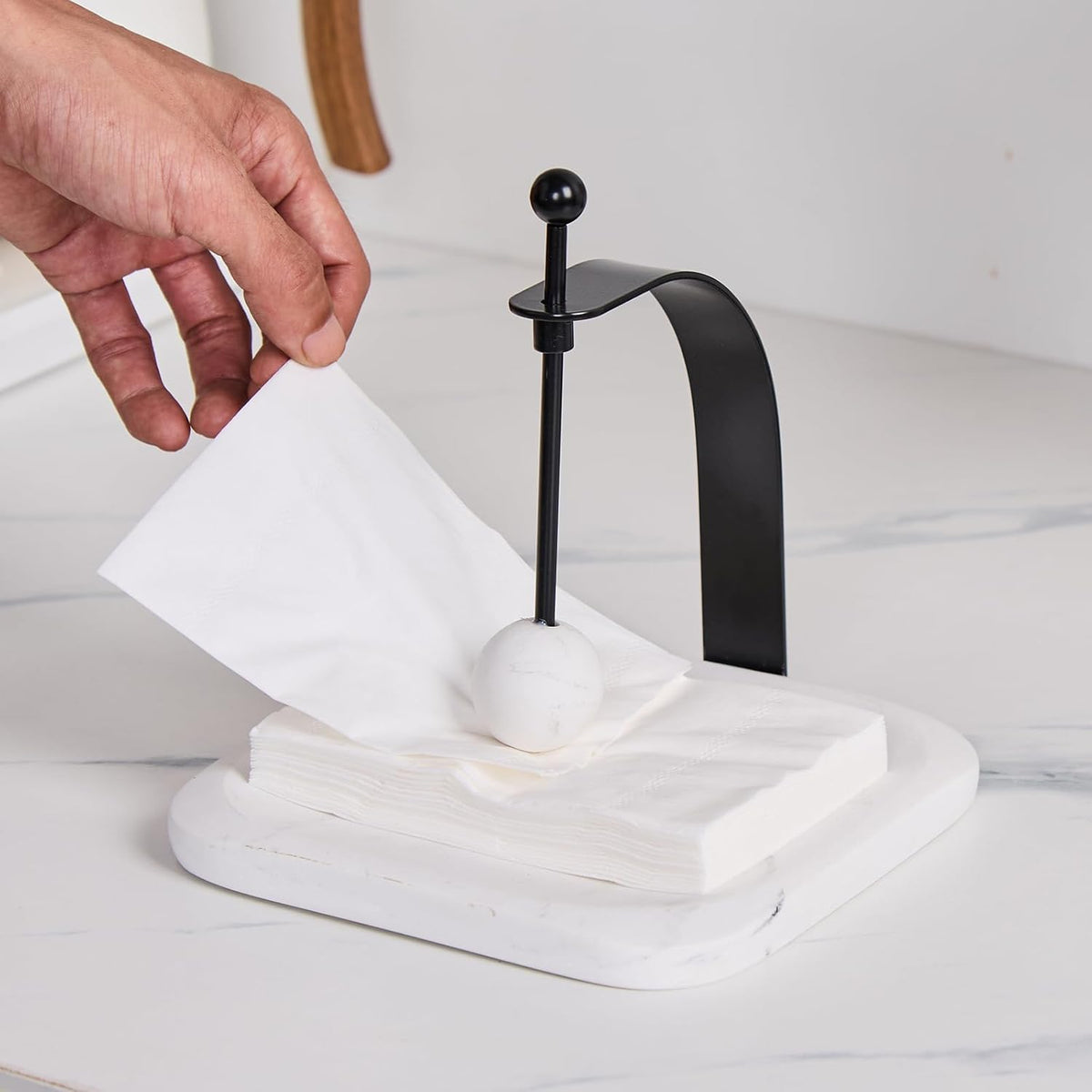 White Marble Napkin Holder - Decorative Square Paper Napkin & Towel Holder for Kitchen, Restaurant, Bathroom - Durable Resin Table Organizer - Stylish Home Gift