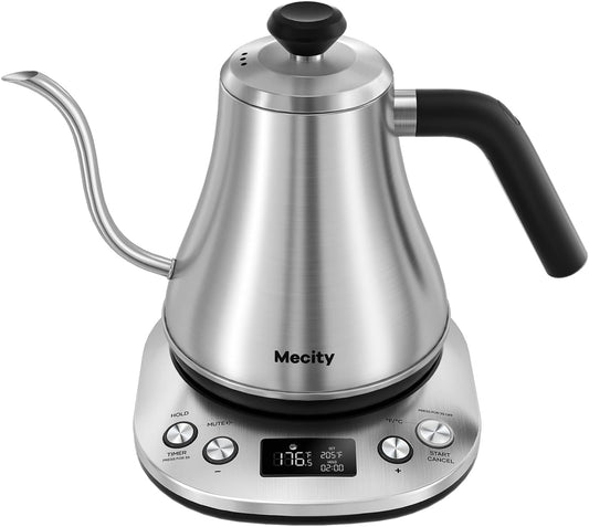Mecity Electric Gooseneck Kettle With LCD Display Automatic Shut Off Retro Coffee Kettle Temperature Control Hot Water Boiler to Pour Over Tea, 1200 Watt Quick Heating Tea Pot, 0.8L, Stainless Steel