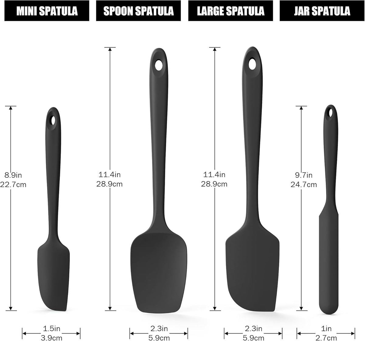 4-Piece Silicone Spatula Scrapers: Doosu 600°F Heat Resistant Food Grade Kitchen BPA Free Rubber Baking Cooking Tool Nonstick Utensil Set for Mixing, Scraping, Folding, Stirring, Serving (Black)
