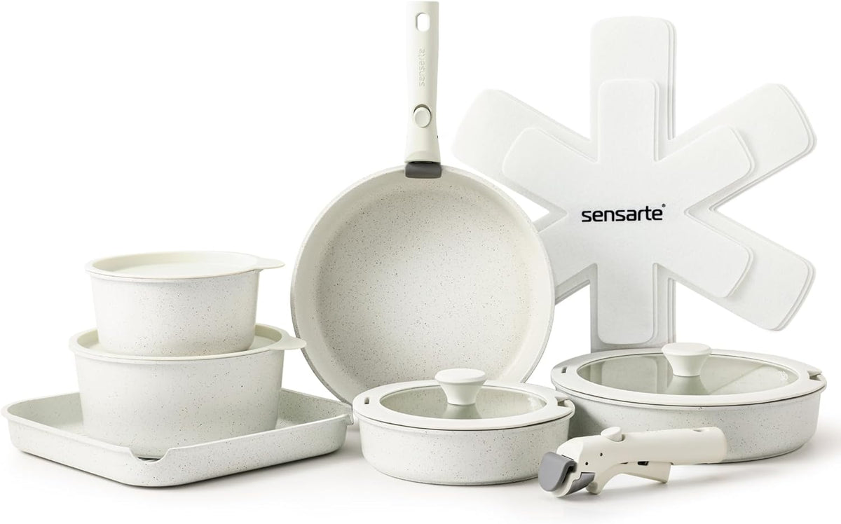 SENSARTE 17 Piece Pots and Pans Set, Nonstick Detachable Handle Cookware Set, Induction Kitchen Cookware Set with Removable Handle, Healthy Non Stick for RV, Dishwasher ＆ Oven Safe, PFOA Free (White)