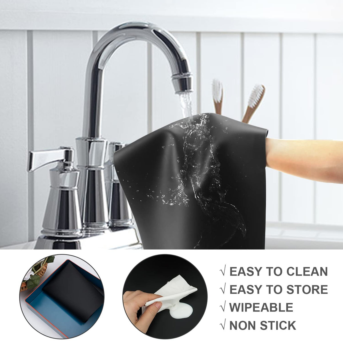 Food Grade Silicone Mats for Kitchen Counter - Countertop Protector Mat Heat Resistant Mat for Air Fryer, Non-Slip Kids Dinner Table Placemat, Nonstick Silicone Mat for Pastry, Baking, Black 1 Pack