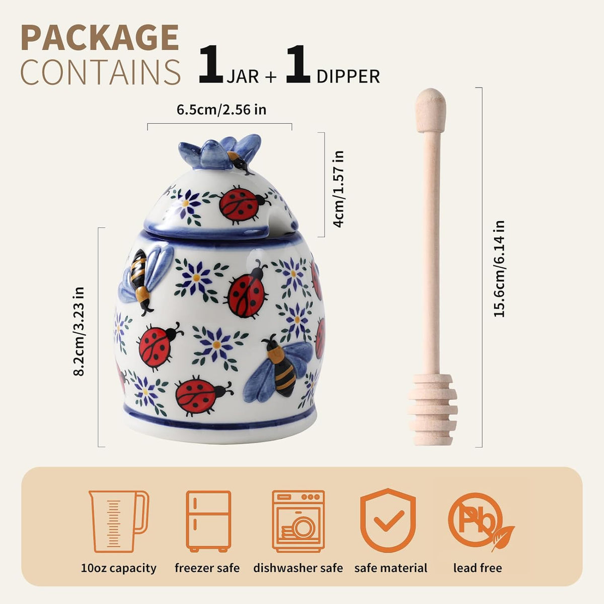 ZOOBEE Ceramic Honey Jar with Dipper and Lid,10oz Honey Pot with Embossed Bees, Handpainted Honey Container for Home Kitchen Decor, Dishwasher Safe- Summernight Ladybug