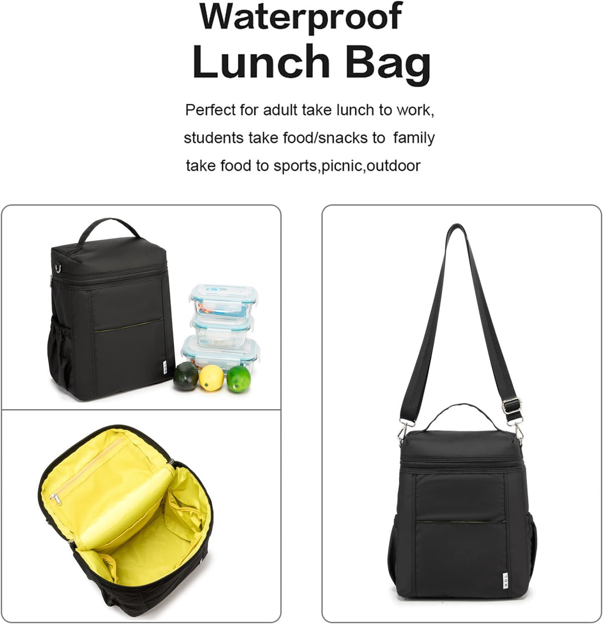 NOL Natural Organic Lifestyle Insulated Lunch Bags for Women Cooler Bag Lightweight Nylon Waterproof Lunch Box For Work (Black, Large)