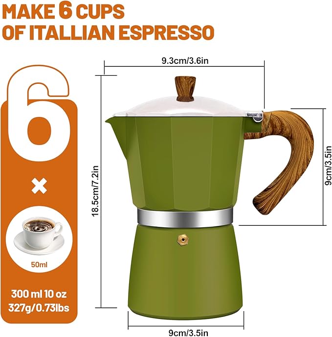 6 Cup Aluminum Espresso Stovetop Moka Pot Express Coffee Maker Percolator Italian Classic Mocha Coffee Machine for Italian and Cuban Cafe Brewing for Home & Camping 300ml 10oz