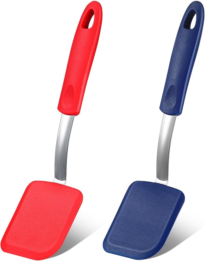 Silicone Cookie Spatula Turner 2 Pack Mini Brownie Spatula Flexible Kitchen Small Silicone Turner for Nonstick Cookware Heat Resistant No Scratch Flipper for Egg Pancake(Red,Blue)
