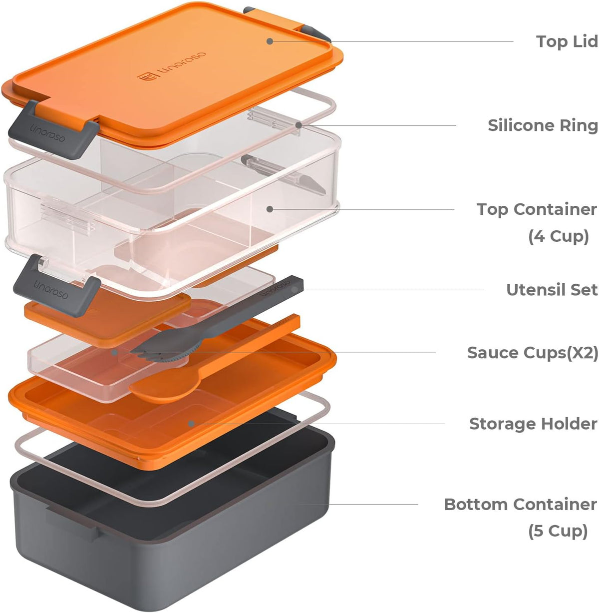Linoroso Stackable Bento Lunch Box | Meet All Your On-the-Go Food, Salad and Snack Needs, Premium Adult Lunch Box Includes Utensil Set, Dressing Containers - Lava Orange