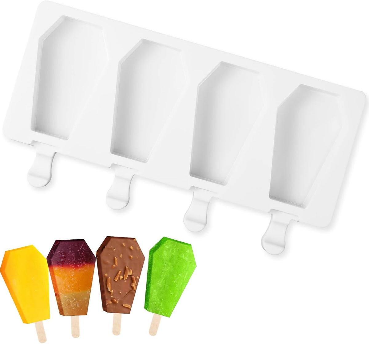 Hushee Halloween Coffin Shaped Mold Large 4 Cavity Reusable Silicone Cakesicle Cake Pop Ice Cream Mold for Halloween Adults Homemade Ice Cream Chocolate Candy DIY Trick Dessert Decorating