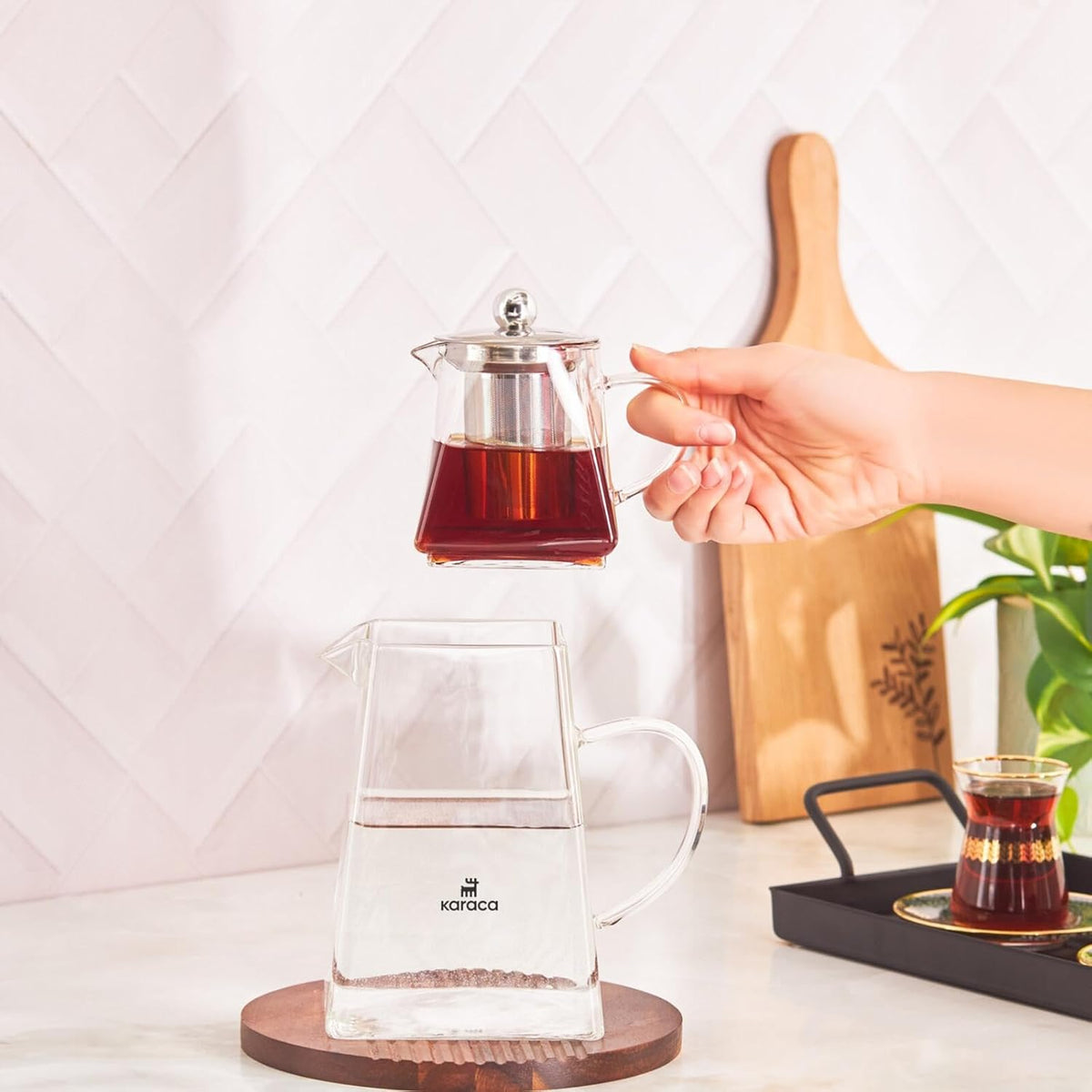 Karaca Giza Borosilicate Glass Teapot with Infuser and Lid for Stovetop, Transparent, 0.45.L Tea Pot & 1.5L Tea Kettle Set for Loose Leaf & Herbal, Dishwasher Safe