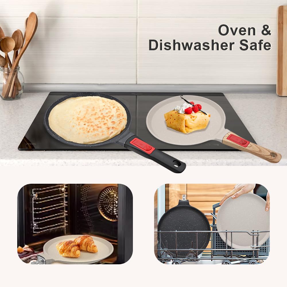 Non Stick Crepe Pan with Detachable Handle, 8 Inch Cast Aluminium Dosa Tawa Tortilla Pan, Pancake Pan Induction Compatible - White