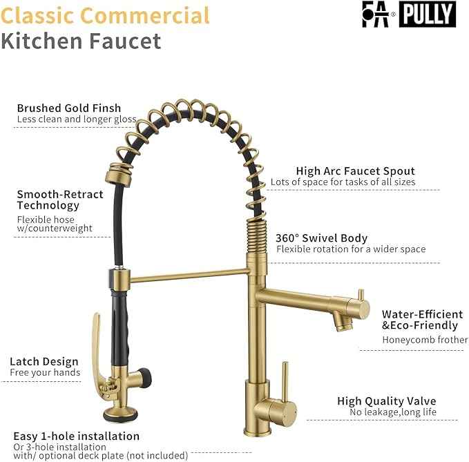Brushed Gold Kitchen Faucet with Pull Down Sprayer, Commercial Brass Kitchen Faucet Single Handle Spring Faucets for Kitchen Sink Fapully