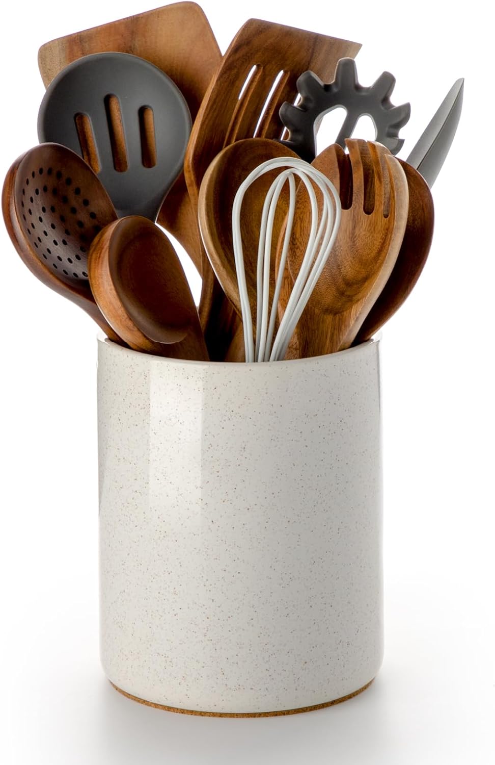 Nucookery Utensil Holder, 6.4" Ceramic Kitchen Utensil Holder for Countertop with Protection Cork Bottom, Vintage Farmhouse Kitchen Decor for Counter, Gift (Sand)