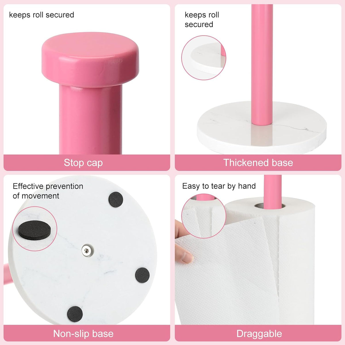 Standing Paper Towel Holder, Kitchen Paper Towel Roll Holder- for Bathroom Kitchen Countertop with Weighted Marble Base for One-Handed Operation (Pink), Pink Paper Towel Holder