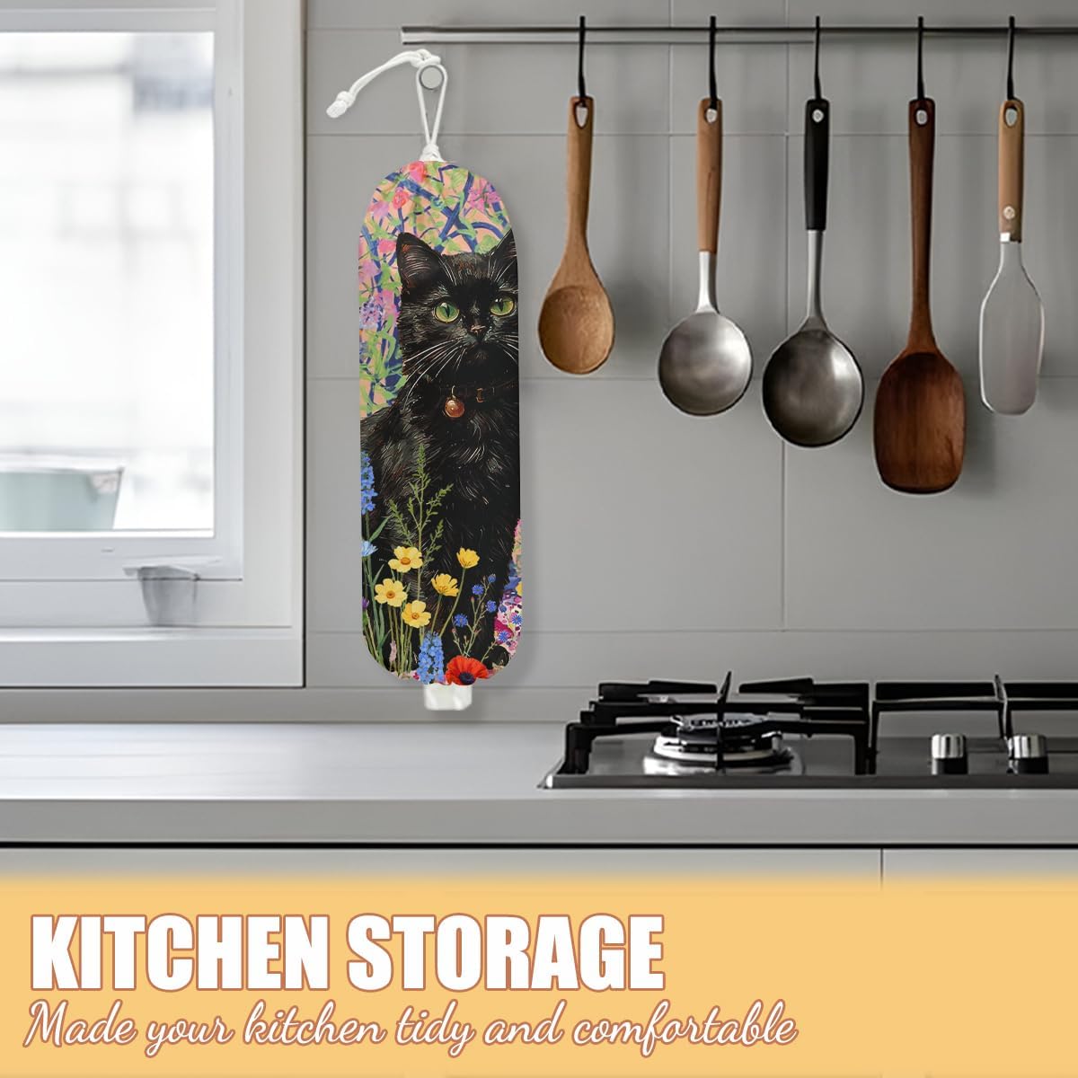 Flower Cat Plastic Bag Holder, Wall Mount Grocery Bag Holder, Plastic Storage bag, Pull Rope Free Adjustment, Plastic Bag Holders for Grocery Bags, Cat Lover Plastic Bag Dispenser for Home Kitchen