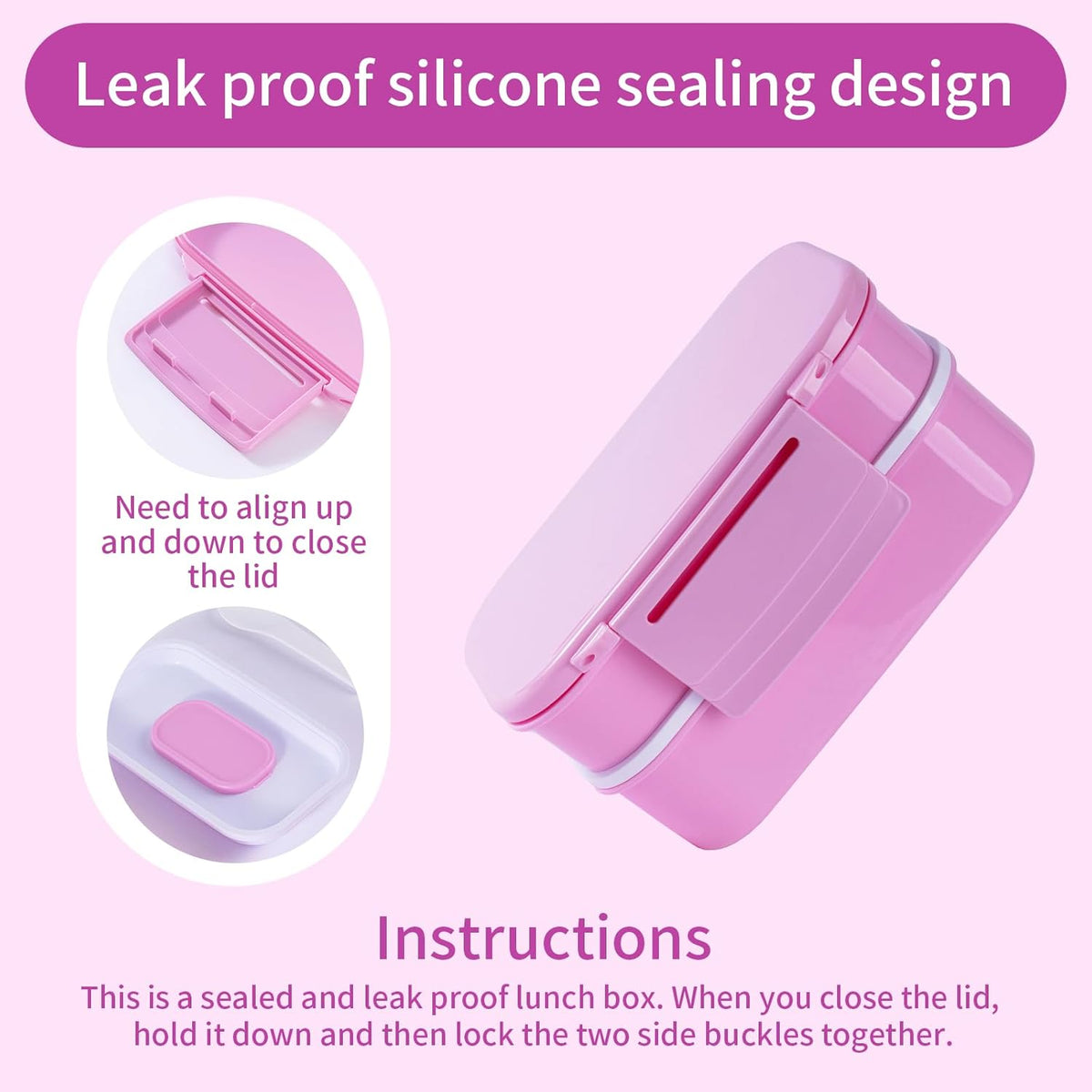 Lunchneo bento box for adults, separate for men and women, set of utensils and dipping containers, cute Japanese bento box, microwave heatable(Pink)