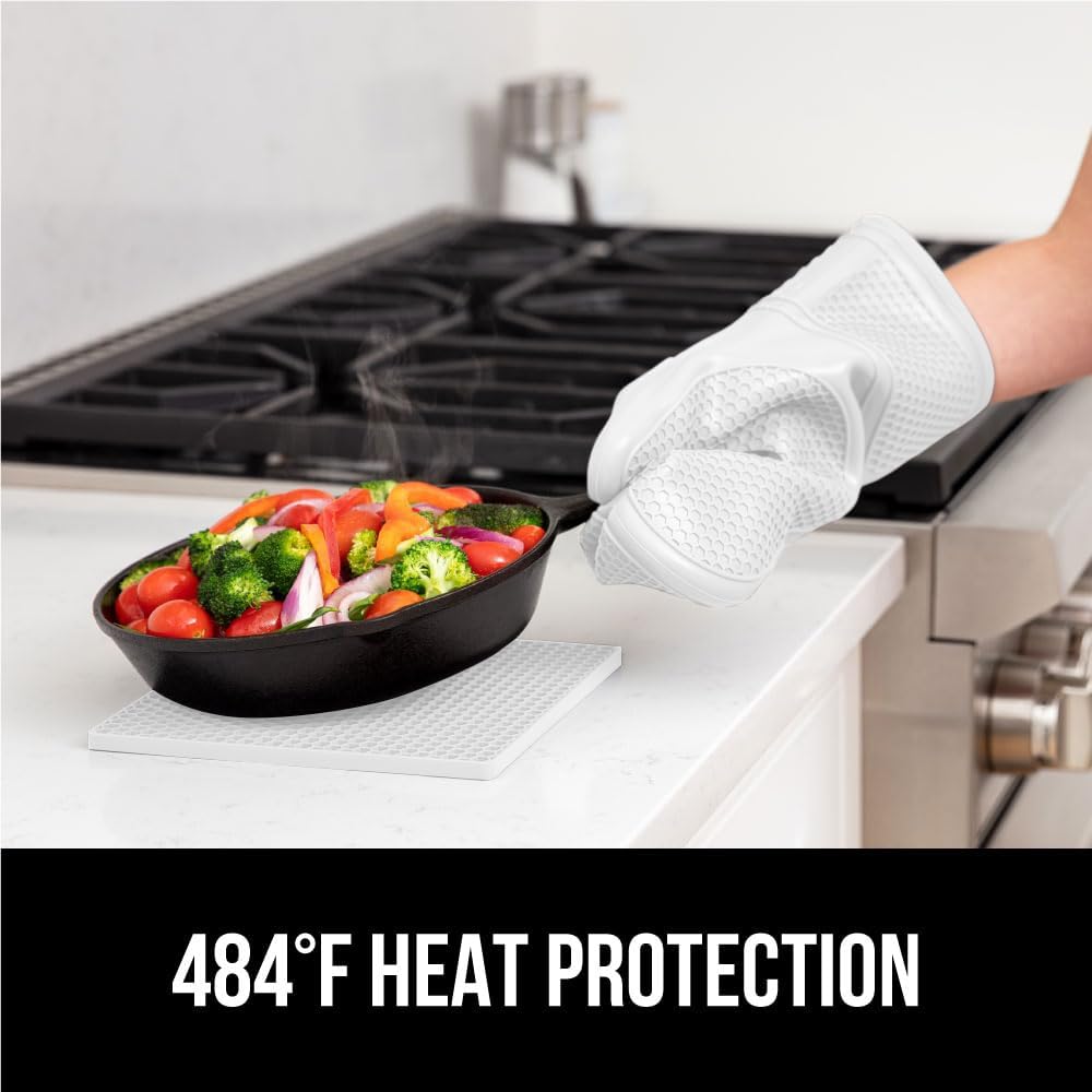 GORILLA GRIP BPA-Free Soft Silicone Oven Mitts and Pot Holders Sets of 4, Heat Resistant Waterproof Cooking Gloves, Thick Cotton Lining, Flexible Gripping for Baking Grilling, Kitchen Trivets, White