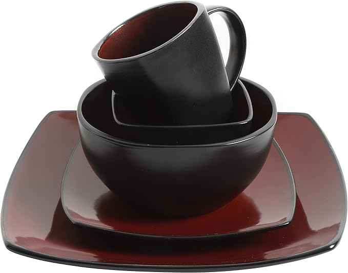 Gibson Elite Soho Lounge Square Reactive Glaze Stoneware Dinnerware Set, Service for 8 (40pc), Red/Black