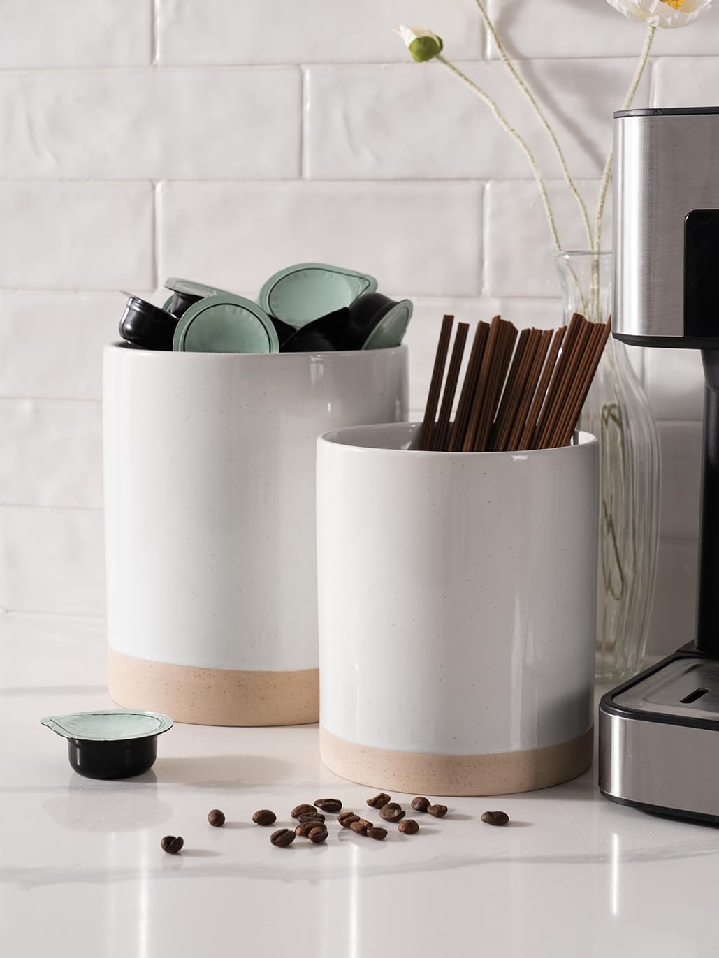 famiware Milkyway Kitchen Utensil Holder for Countertop, 7.2"+5.8" Ceramic Cooking Utensil Crocks for Counter, Utensil Organizer for Spatula & Spoon, Kitchen Decor, Set of 2, White