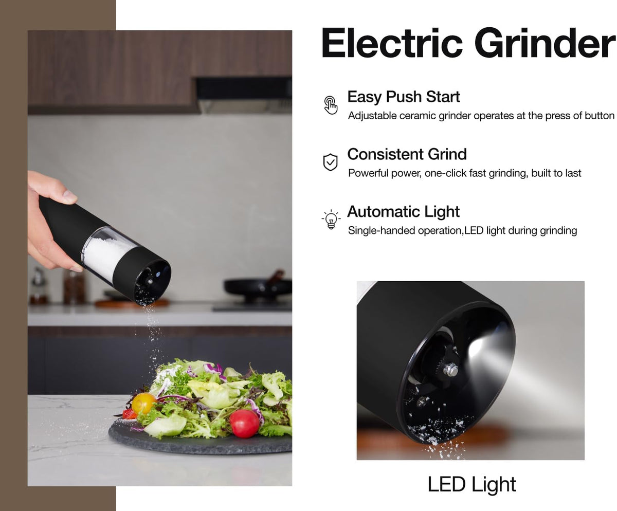 Stainless Steel Electric Salt and Pepper Grinder Set (Black) - 2 Pack Rechargeable Mills with LED Light, 6 Adjustable Grind Modes & Rustproof Design - Premium Kitchen Tool with USB-C Charging