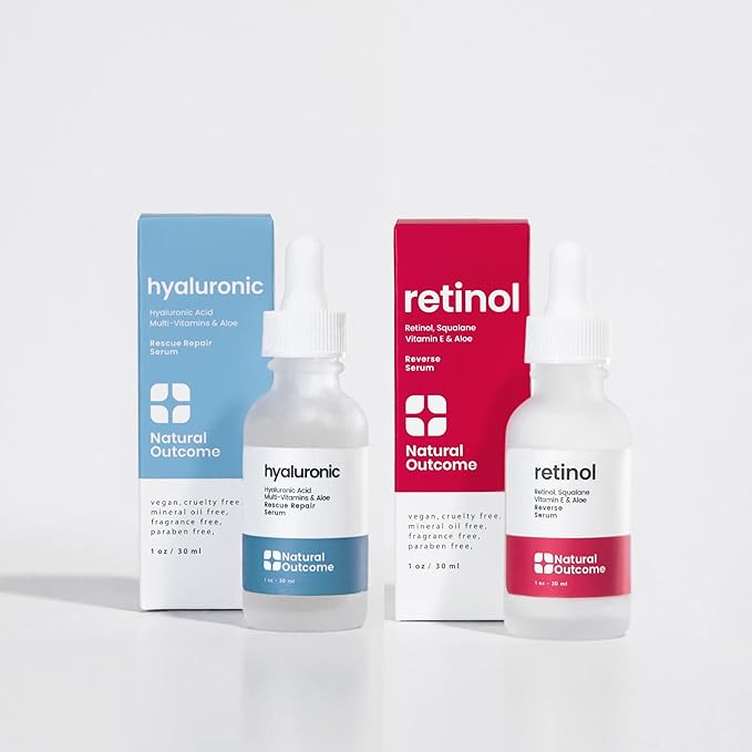 Natural Outcome Hydrating Hyaluronic Acid Serum and Retinol Facial Serum - Night and Day Anti Aging Facial Serum Set 1 oz Each, Vegan, Cruelty Free & Fragrance Free