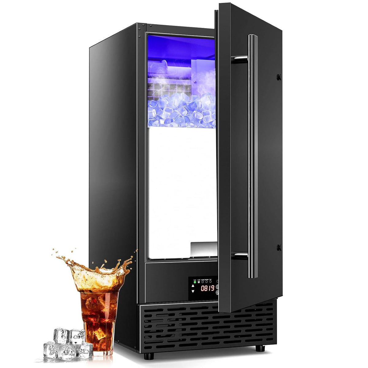 15" Wide Commercial Under Counter Ice Maker – 120 lbs/Day, 25 lb Storage Bin, Auto-Cleaning & 24H Timer, Gravity Drain, Built-in or Freestanding Stainless Steel Ice Machine for Home & Business