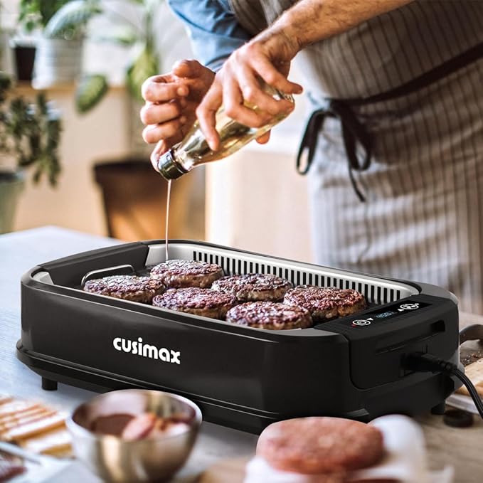 CUSIMAX Indoor Grill, Electric Smokeless Grill, 1500W Korean BBQ Grill, Electric Griddle with LED Smart Display & Tempered Glass Lid, Non-stick Removable Plate & Griddle Plate, Black