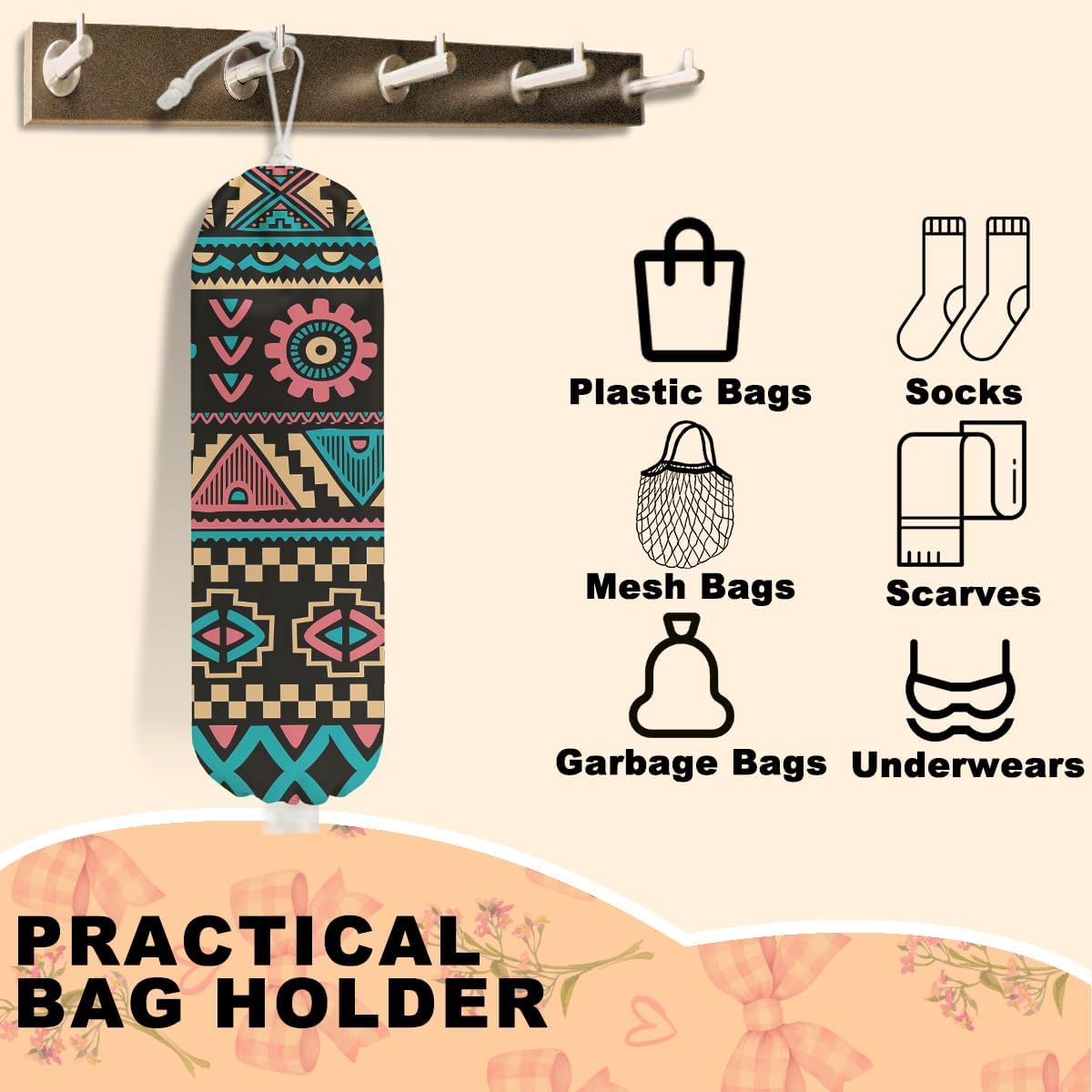2 Pcs Retro Boho Plastic Bag Holder, Wall Mount Grocery Bag Holder for Plastic Bags, Abstract Art Farmhouse Kitchen Pantry Decor Reusable Grocery Bags Organizer Storage Dispenser