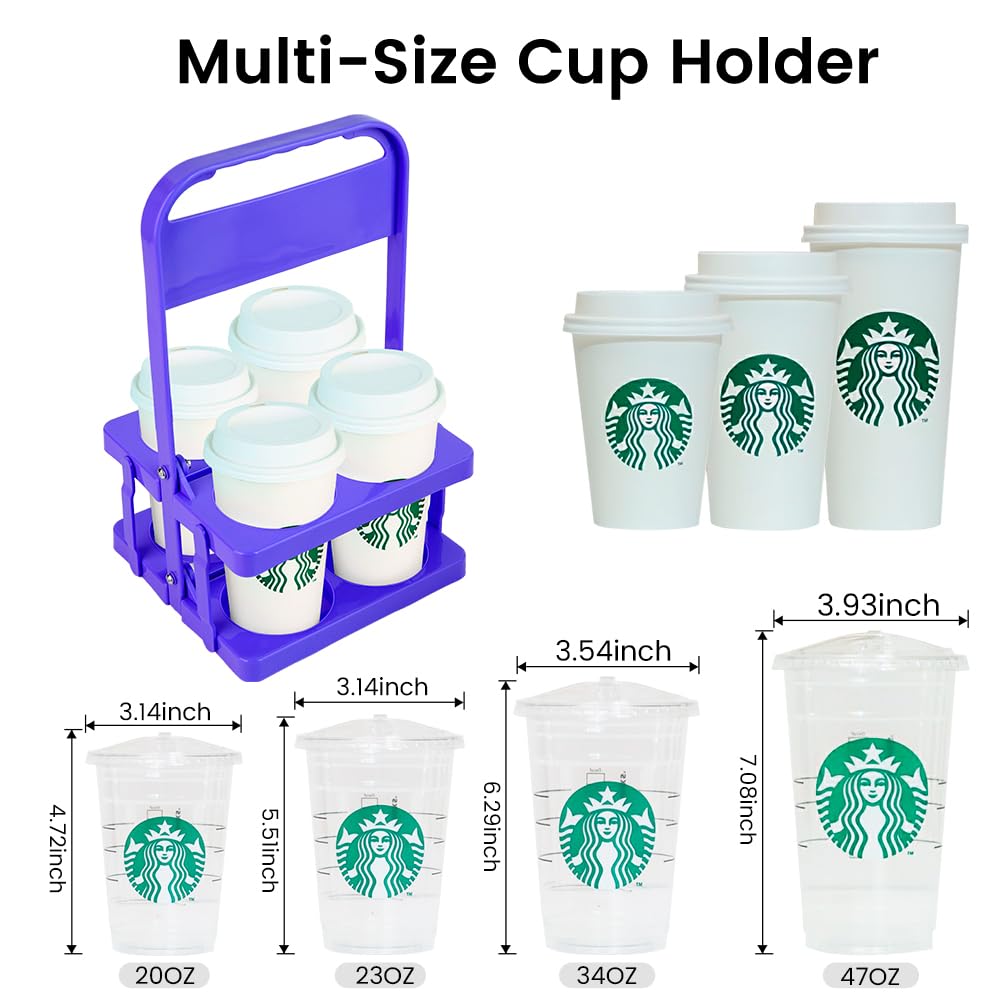 Bodaon 4 Cup Drink Carrier with Handle, Plastic Cup Carriers for Drinks, Drink Holder for Car, GrubHub/Eats Doordash Accessories, Portable Foldable Reusable Mobile, Use for Food Delivery Bag, Purple