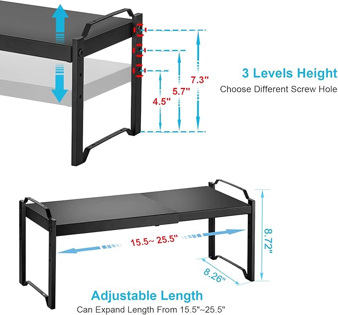 1 Pack Expandable Cabinet Countertop Shelves, Stackable Shelves Organizers for Kitchen Cabinet Countertop Storage, Adjustable Counter Cupboard Pantry Organizer Shelf Rack Stand, Length:25.5"
