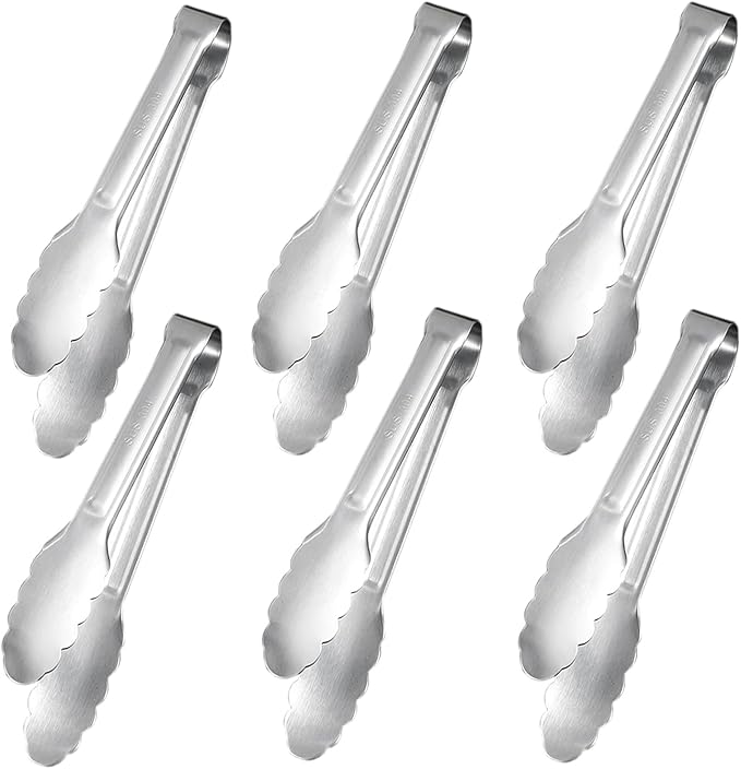 Sunenlyst Kitchen Tongs, 6Pcs Tongs Stainless Steel for Serving Food, Metal Tongs Small Tong for Buffet, Salad, Ice, Appetizer, Serving Utensils for Food (7Inch)