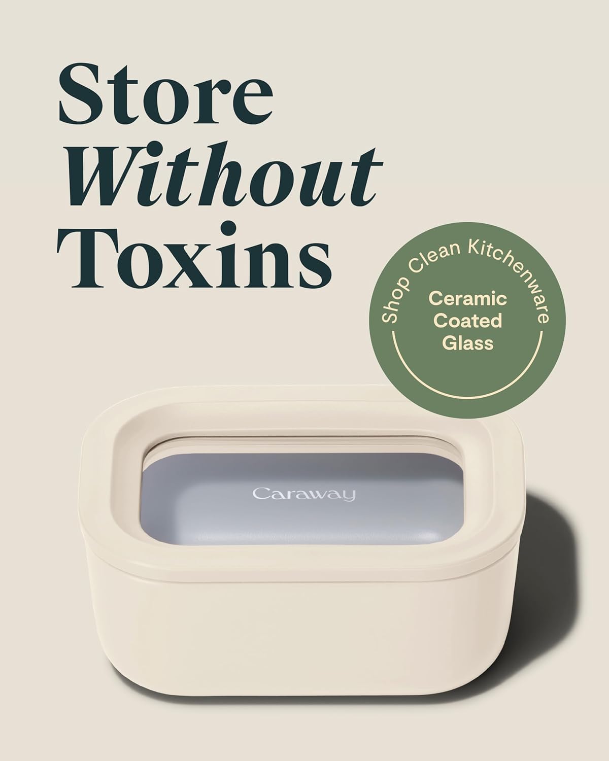 Caraway Mini Rectangle Food Storage Container - 2.6 Cup Glass Storage Container for Food - Non-Toxic Ceramic-Coated Glass - Air Release Technology - Compact & Stackable Design - Cream