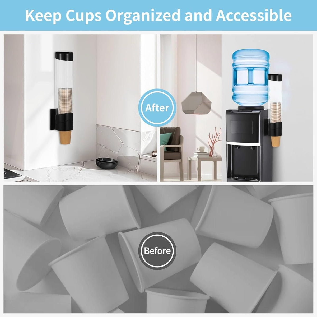 Disposable Paper Cup Dispenser,Water Cooler Pull Type Cup Holder Fits 7oz-12oz Cups,Wall-Mounted Cup Organizer for Water Coolers, Pull-Type Paper Cup Holder with Adhesive and Screws
