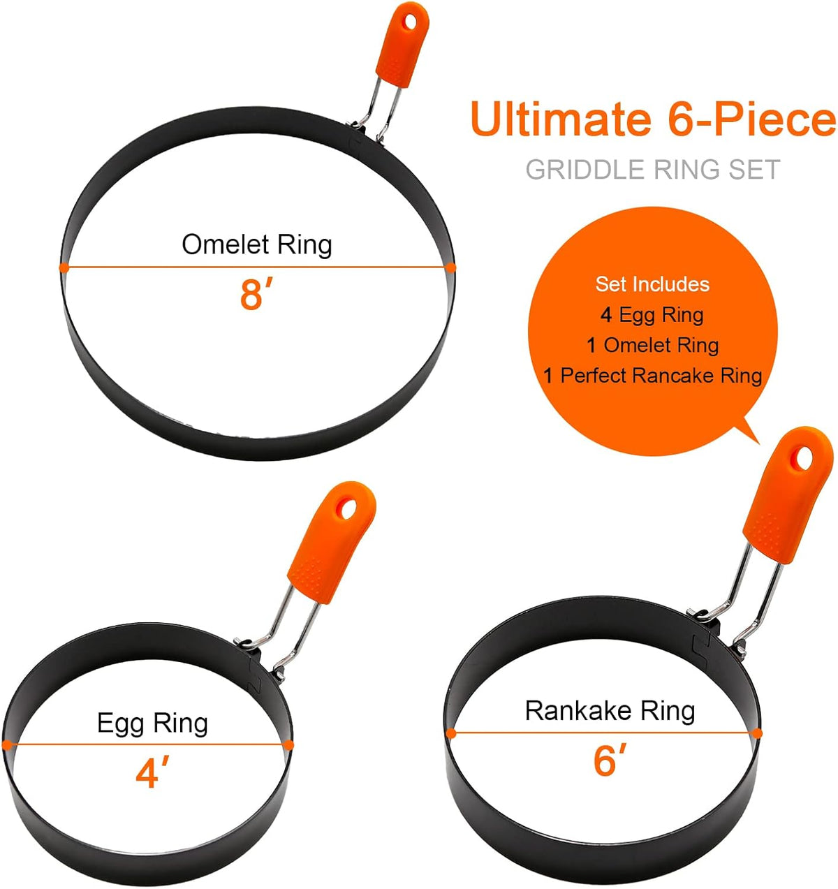 6Pcs Egg Ring Pancake Ring Stainless Steel Omelet Molds Set, Pancake Shapers with Silicone Handle for Breakfast Used to Make Pancakes, Sandwiches, Burgers (Round Style,4 Inch, 6 Inch, 8 Inch)