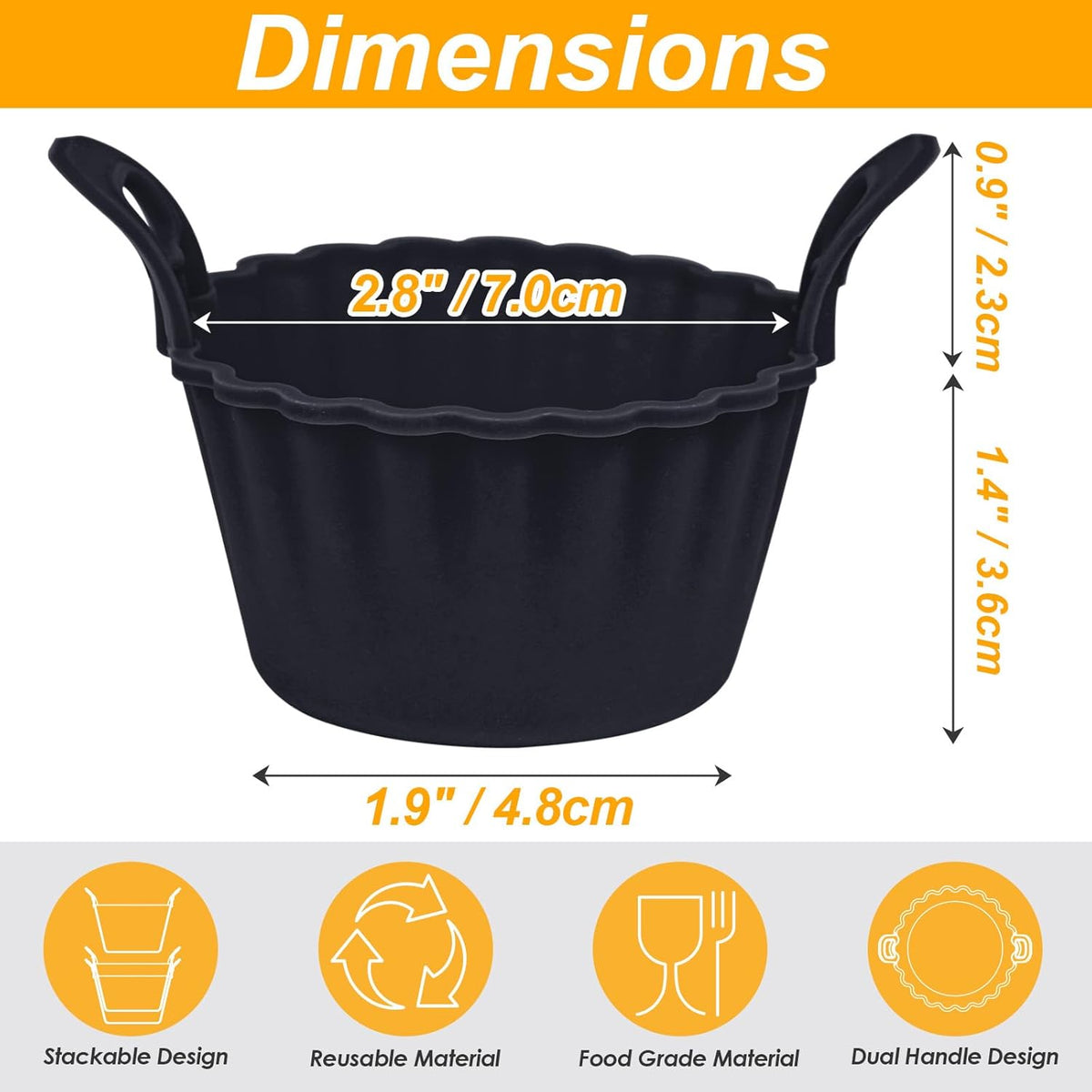 Koluti Reusable Silicone Baking Cups Set of 12, Nonstick Muffin Cupcakes Mold with Double Handle, BPA Free, Mini Round Air Fryer Cupcake Liners, Black