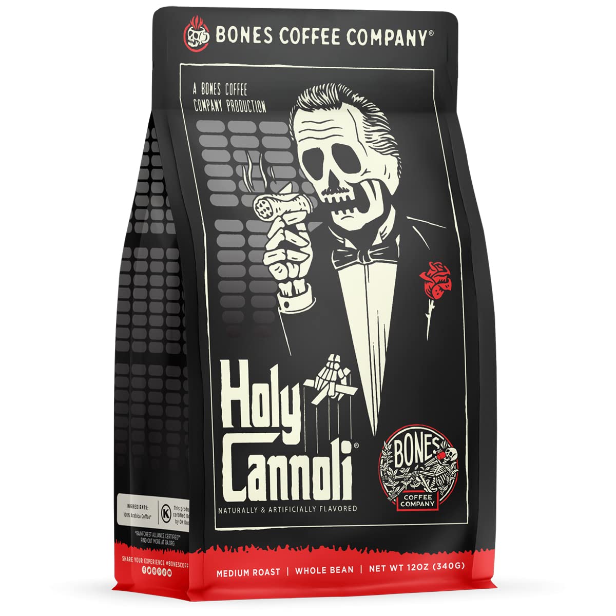 Bones Coffee Company Holy Cannoli, Baked Cannoli Flavored Coffee, Medium Roast Low Acid Arabica Beans Compatible with Auto drip and French Press Coffee Maker, 12 Oz Whole Bean