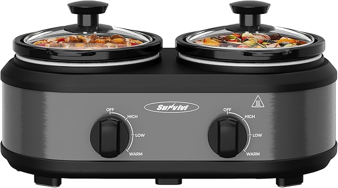 2 * 1.25 Quarts Dual Slow Cooker, Buffet Server & Warmer with 2 Removable Ceramic Pots, 3 Adjustable Temp Settings & 2 Visible Glass Lids, Stainless Steel, Grey
