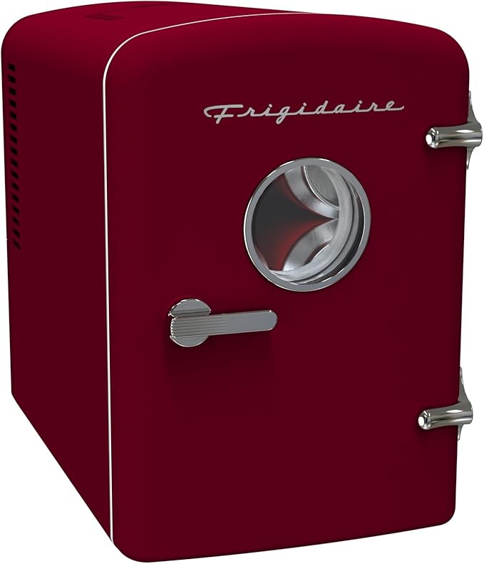 Frigidaire Retro 9-Can Mini Personal Fridge Portable Cooler for Car, Office, Bedroom, Dorm Room, or Cabin, 11.8" D x 7.1" W x 10.1" H, Red