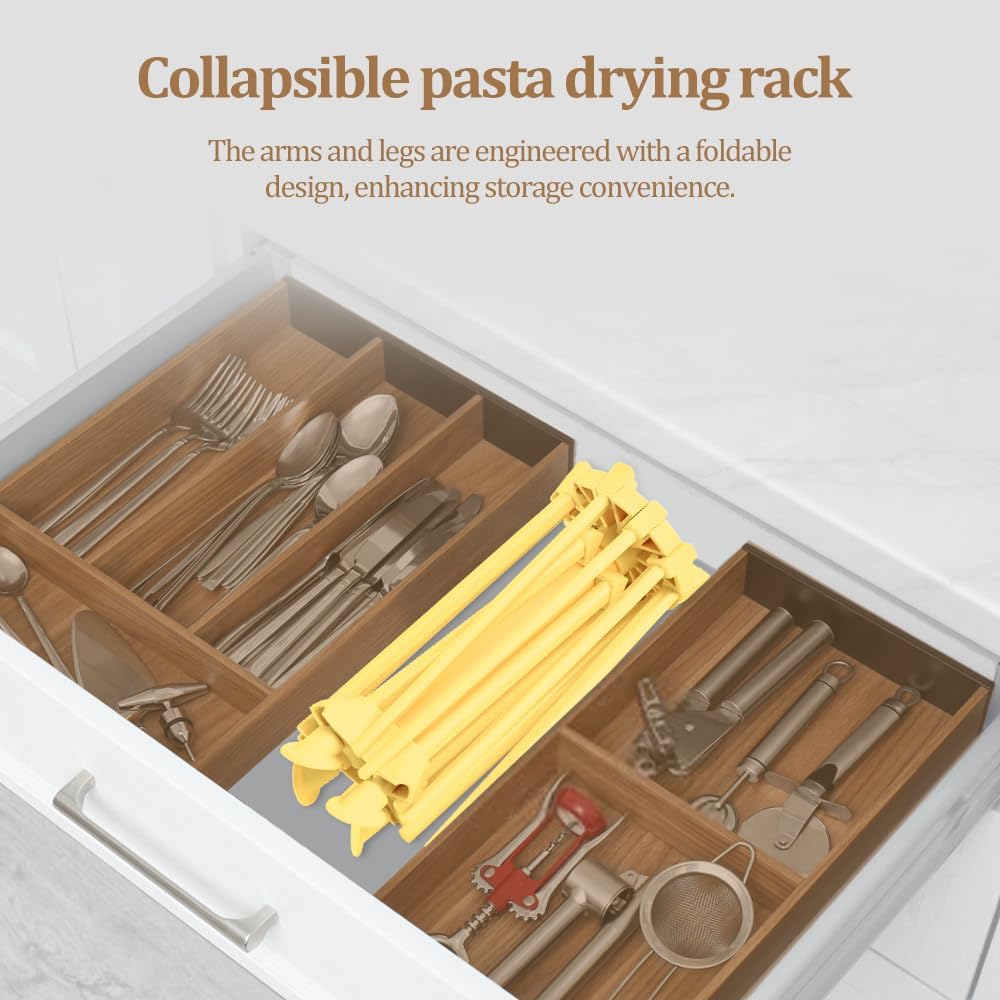 Ourokhome Collapsible Pasta Drying Rack, Plastic Foldable Homemade Fresh Spaghetti Stand Dryer Noodle Hanger for Kitchen with 10 Arms, Stable, Easy Storage, Quickly Set Up (Yellow)