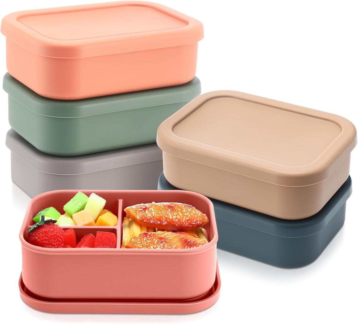 Honeydak 6 Pcs Silicone Bento Box 3 Compartment Reusable Lunch Container Smooth and Leakproof Meal Prep Lunch Box with Lid Stackable Meal Prep Container for Work Travel, 6 Colors (Classic Colors)