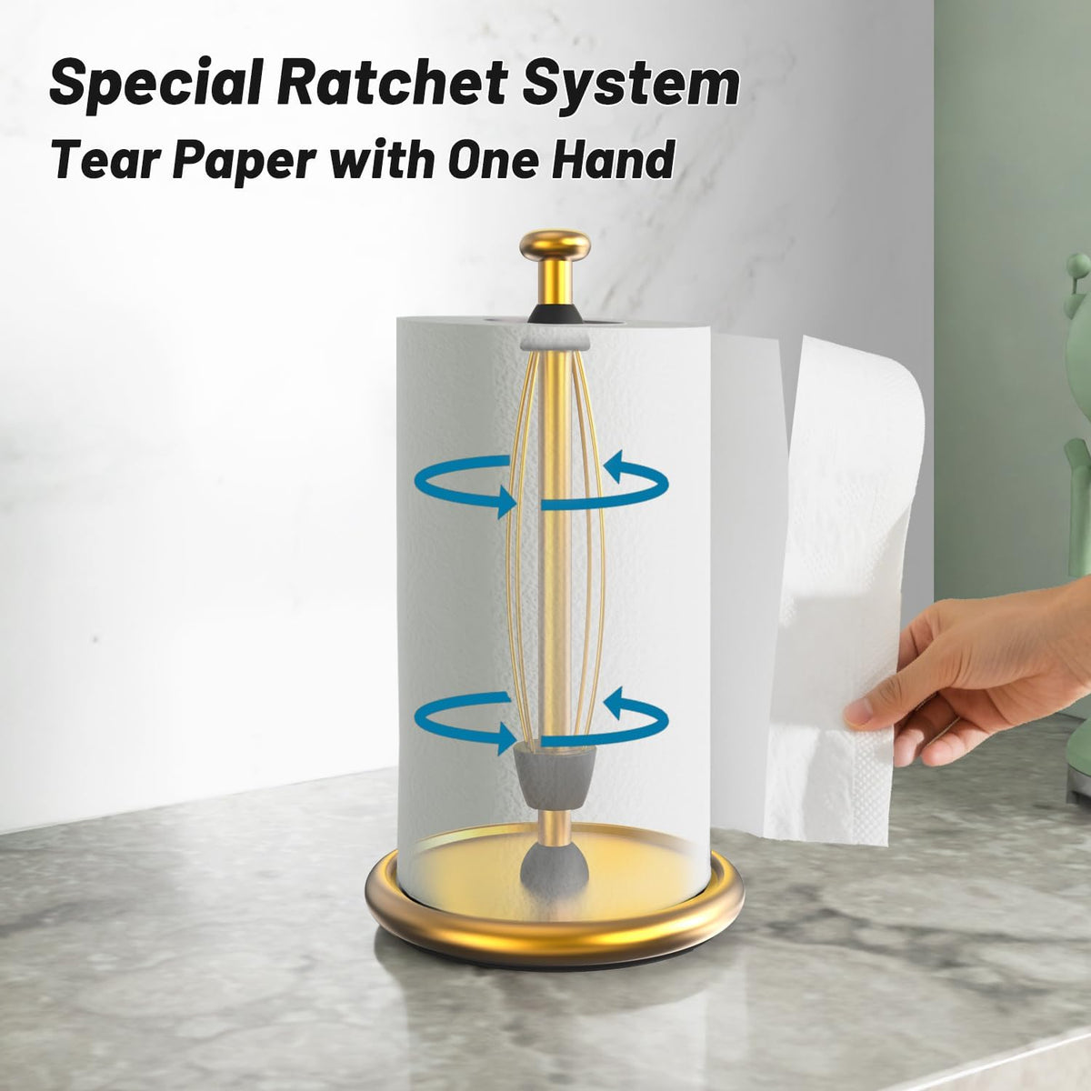 VEHHE Gold Paper Towel Holder Countertop with Weighted Base, One-Handed Tear Kitchen Towel Holder with Damping Function and EVA Non-Slip Pad for Bathroom