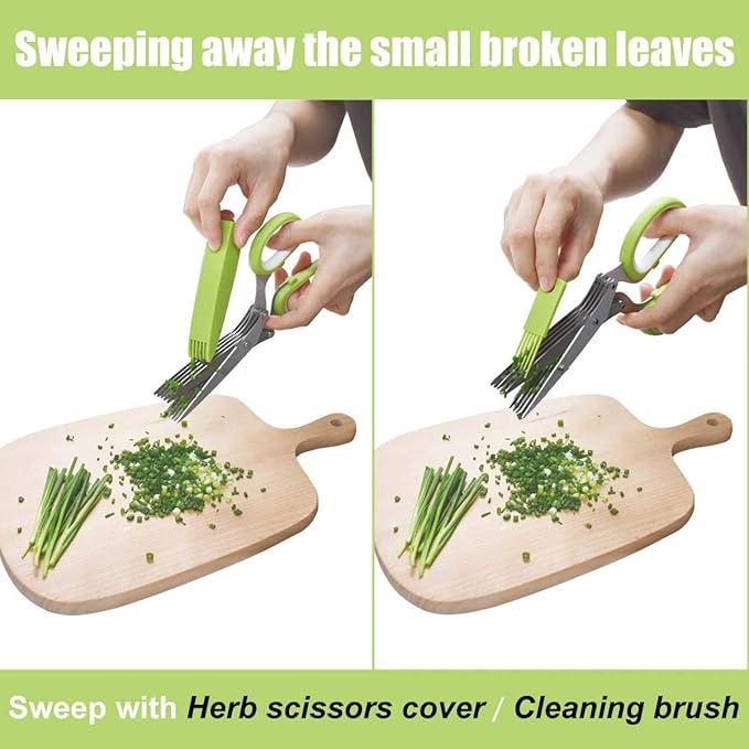 5-Blade Herb Cutter Scissors with Safety Cover, Cleaning Comb - Green