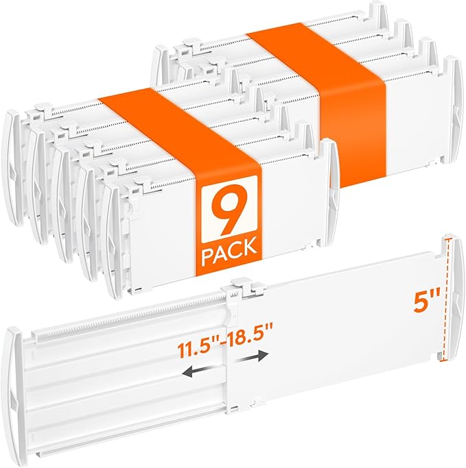 Lifewit 5" Tall 9 Pack Drawer Dividers, 30-47cm/11.5-18.5" Expandable Drawer Divider for Clothes, Adjustable Dresser Drawer Organizers, Drawers Separators for Dresser/Bathroom/Closet/Kitchen White